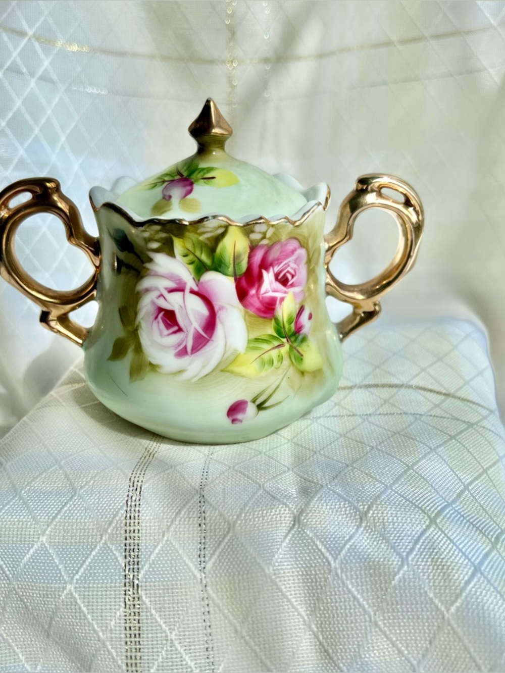 LEFTON Vintage China Hand Painted Floral Porcelain Sugar Bowl and Gilded Handles